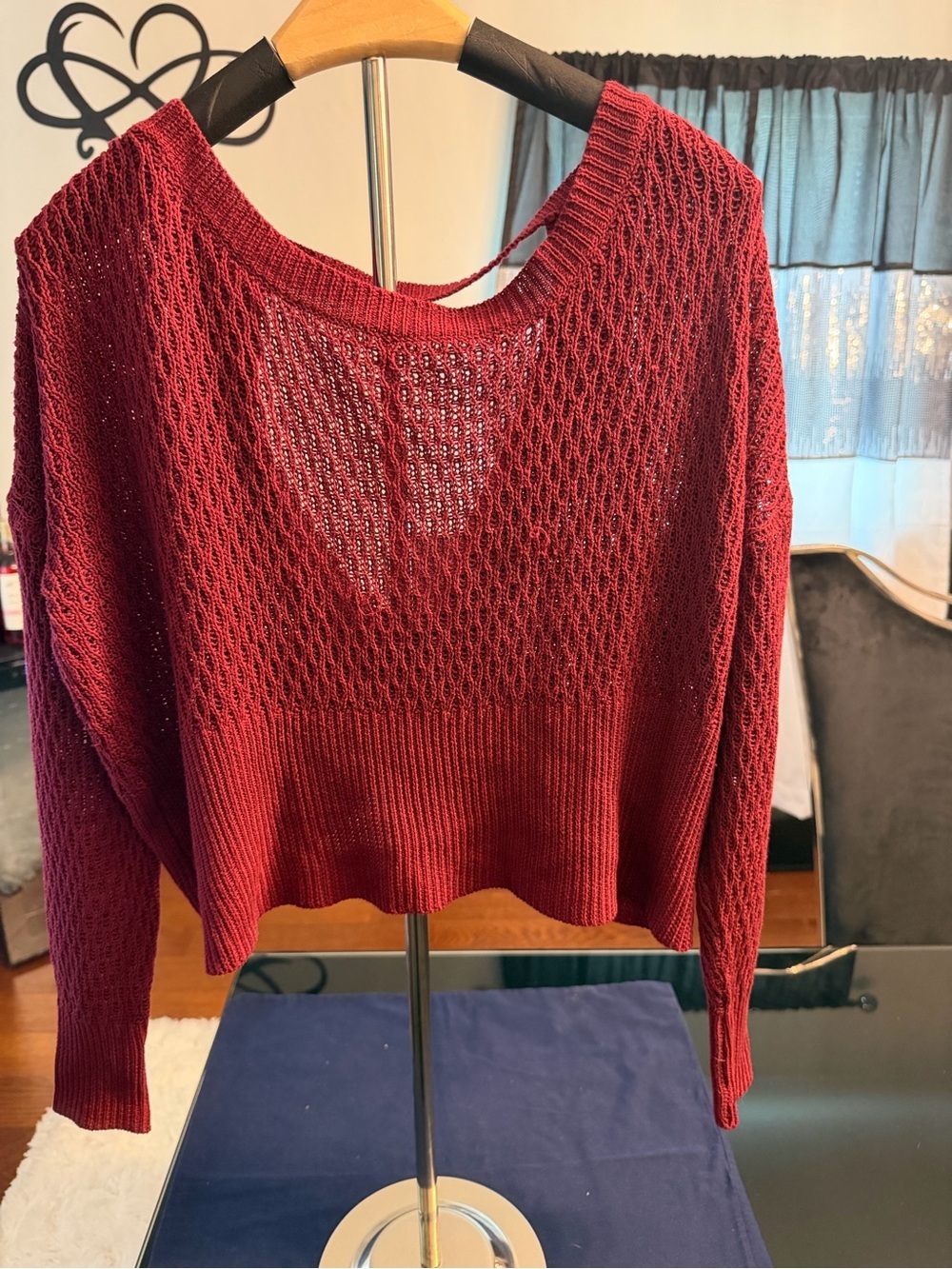 SHEIN Open-Knit Scoop Neck Sweater - Burgundy